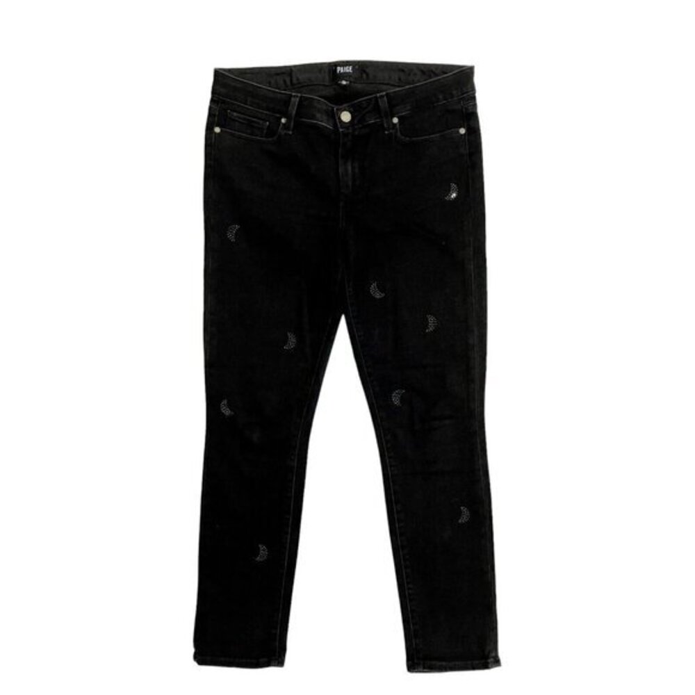 Paige Denim Jeans Skyline Ankle Peg Black Crescent Moon Rhinestones SZ 31